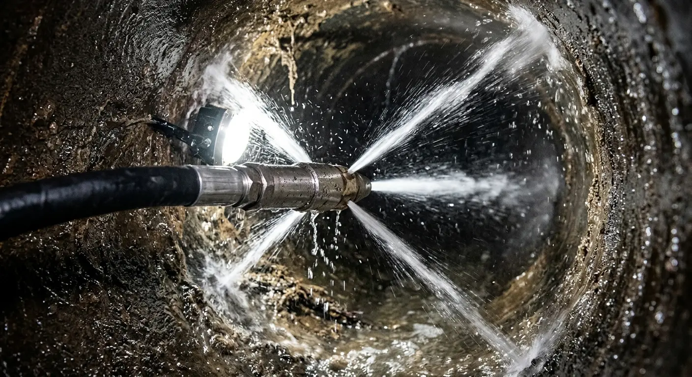 High-pressure hydro jetting nozzle cleaning sewer pipe for Sewer Cleanout in Elizabeth City