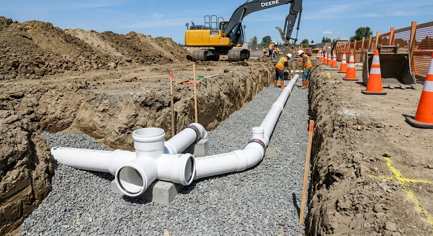 New PVC sewer pipe installation in open trench for Grease Trap Cleaning in Elizabeth City