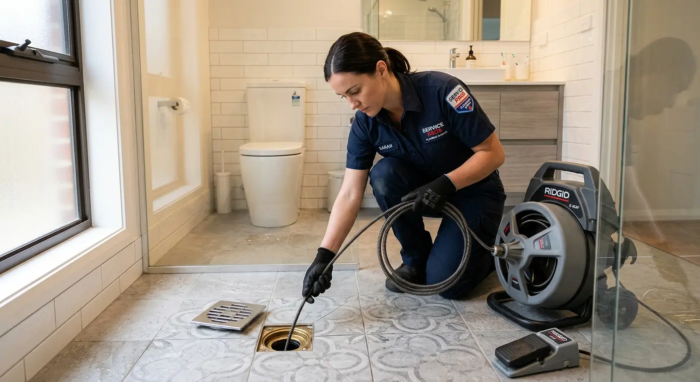 Technician clearing a bathroom floor drain for Drain Repair in Elizabeth City